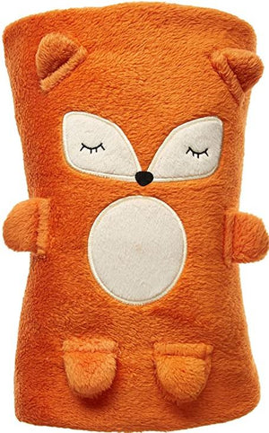 An orange cuddly fox-shaped baby blanket with facial features and paws depicted in white and orange.