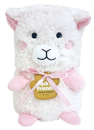 A plush llama-shaped baby blanket with a soft white exterior, pink inner ears, and a pink ribbon around the neck.