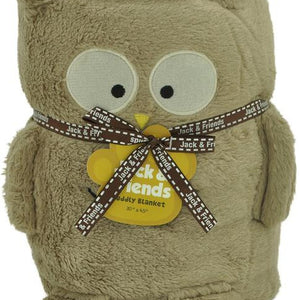 A plush owl-shaped blanket with a cute face and a small Velcro strap tied around it, indicating it is a cuddly friend and not a blanket.