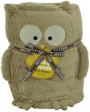 A plush owl-shaped blanket with a cute face and a small Velcro strap tied around it, indicating it is a cuddly friend and not a blanket.